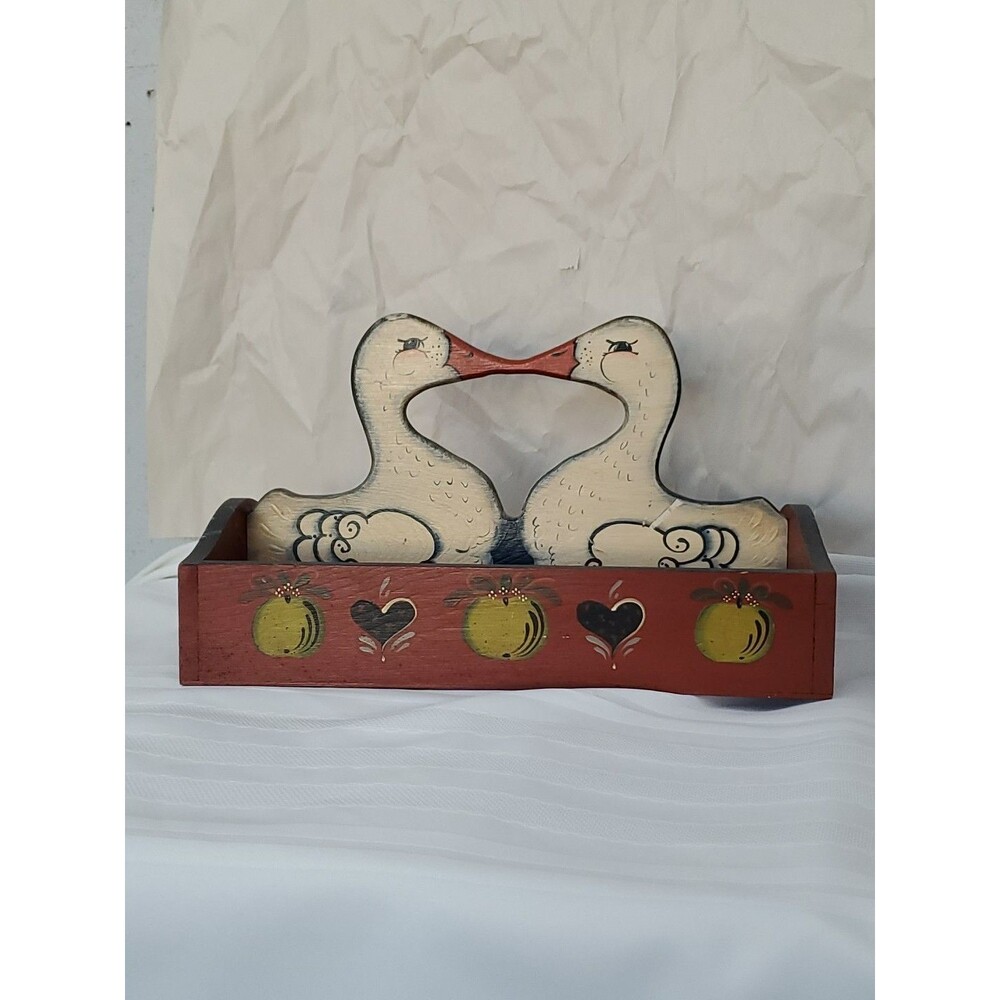 Vntg. Wood Basket Kissing Ducks/Divided/Hand Painted/Hearts/Fruit/GrandmaCore/80